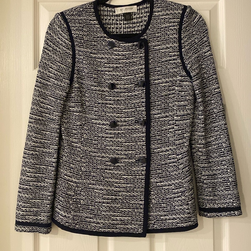 St. John Collection double breasted knit jacket. Navy and white tweed. Size 4.